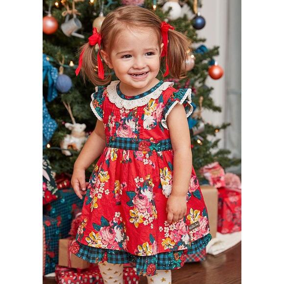 Matilda Jane Red + Green Sugar Plum Holiday Floral Ruffle Dress - 3 to 6 Months - Picture 1 of 9